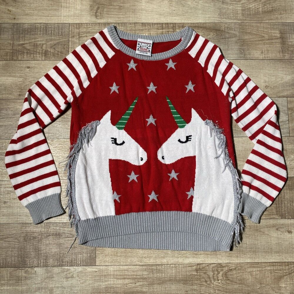 Christmas Well Worn Holiday Knit Sweater Sparkle Unicorn Girls Size XL